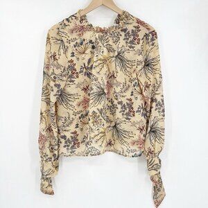 WAYF Porcelain Doll Blouse XS Tan Floral Tie Back Sheer Revolve Top
